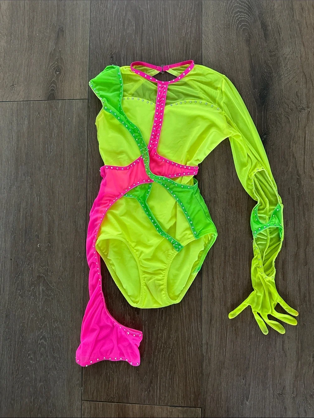 2Die4 Kids Neon Green & Hot Pink One-Piece Dance /Jazz Halloween Leotard.